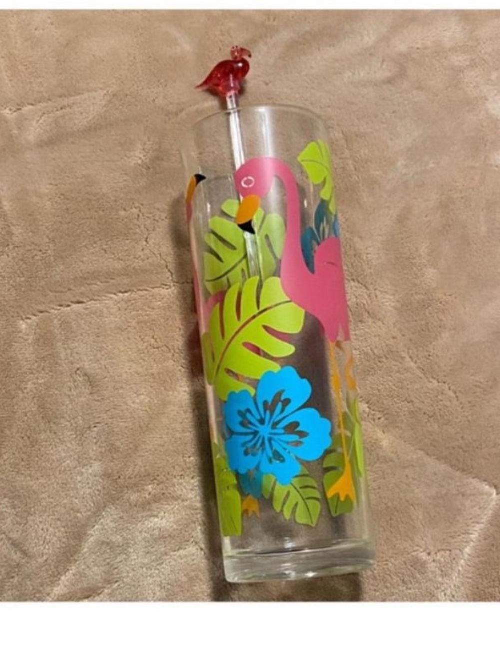 Tropical Pink Flamingo Plastic Tumbler with Floral Accents Set (4)